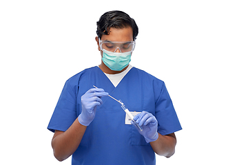 Image showing male doctor in mask with cotton swab and test tube