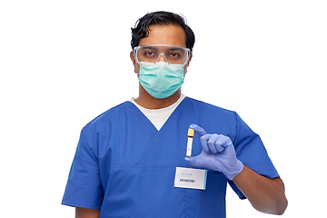 Image showing indian male doctor in mask with blood in test tube