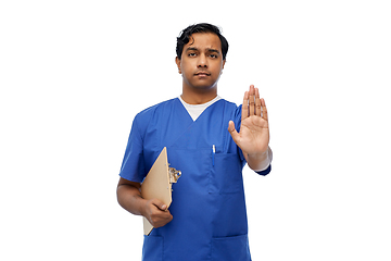 Image showing indian doctor or male nurse showing stop gesture