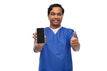 Image showing doctor or male nurse with phone showing thumbs up