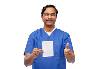 Image showing indian doctor with prescription showing thumbs up