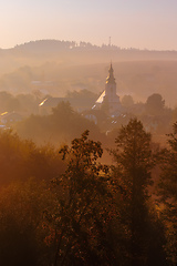 Image showing Autumn foggy sunrise landscape