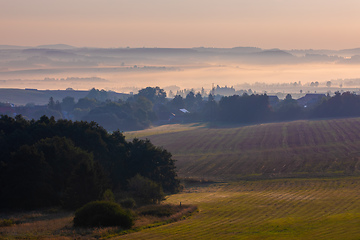 Image showing Autumn foggy sunrise landscape