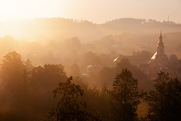 Image showing Autumn foggy sunrise landscape