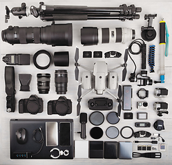 Image showing top view of complete photographer professional equipment