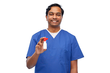 Image showing smiling indian male doctor or nurse with medicine