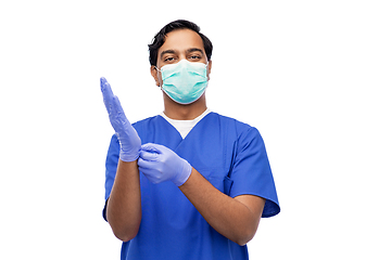 Image showing indian male doctor in uniform, mask and gloves