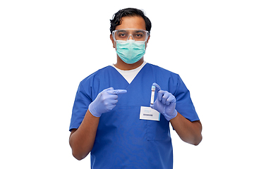 Image showing indian male doctor in mask with blood in test tube