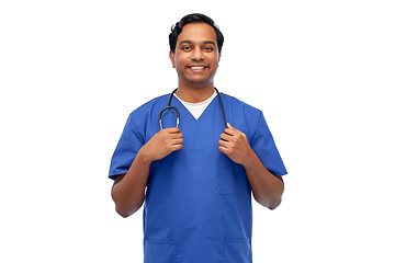 Image showing happy indian doctor or male nurse with stethoscope