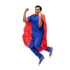 Image showing doctor or male nurse in superhero cape jumping