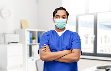 Image showing indian male doctor in blue uniform and mask