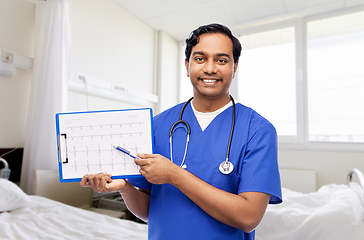 Image showing smiling male doctor with cardiogram on clipboard