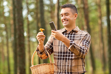 Image showing man using smartphone to identify mushroom