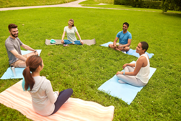 Image showing group of people sitting on yoga mats at park