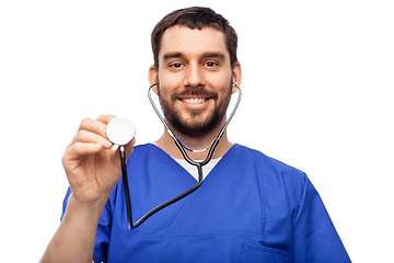 Image showing smiling male doctor or nurse with stethoscope