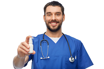 Image showing doctor or male nurse with medicine and stethoscope