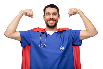 Image showing smiling doctor or male nurse in superhero cape