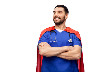 Image showing smiling doctor or male nurse in superhero cape