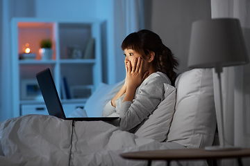 Image showing stressed woman with laptop working in bed at night