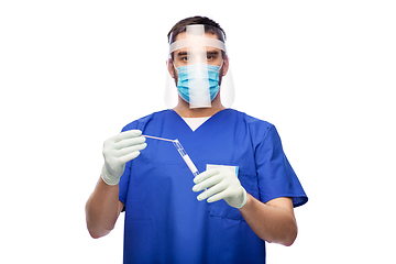 Image showing male doctor in mask with cotton swab and test tube