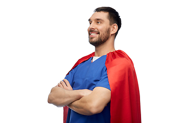 Image showing smiling doctor or male nurse in superhero cape