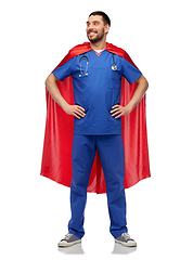 Image showing smiling doctor or male nurse in superhero cape