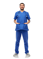 Image showing smiling doctor or male nurse with stethoscope