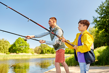 Image showing father and son fishing on river