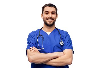 Image showing smiling doctor or male nurse with stethoscope