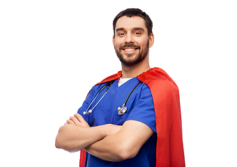 Image showing smiling doctor or male nurse in superhero cape