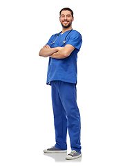 Image showing smiling doctor or male nurse with stethoscope