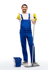Image showing man cleaning with mop and bucket showing thumbs up