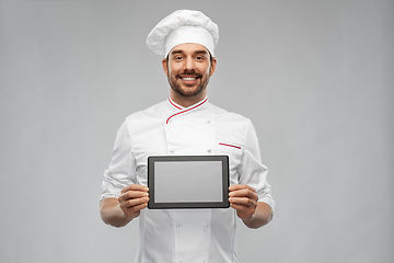 Image showing happy smiling male chef showing tablet pc computer