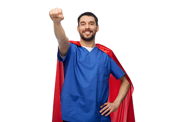 Image showing smiling doctor or male nurse in superhero cape