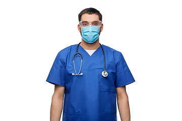 Image showing male doctor in goggles and mask with stethoscope