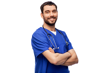 Image showing smiling doctor or male nurse with stethoscope