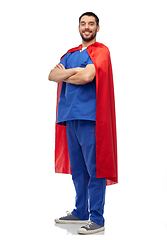 Image showing smiling doctor or male nurse in superhero cape