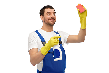 Image showing male cleaner cleaning with sponge and detergent