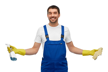 Image showing male cleaner cleaning with rag and detergent