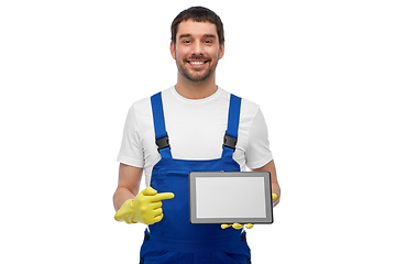 Image showing happy male worker or cleaner showing tablet pc