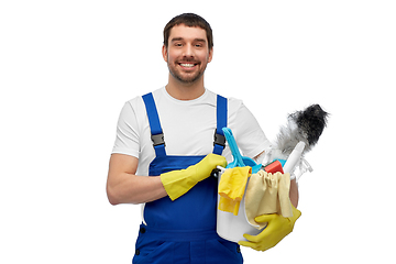 Image showing male cleaner in overall with cleaning supplies