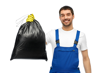 Image showing happy male worker or cleaner showing garbage bag