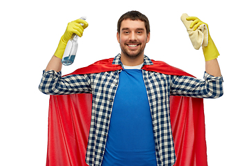 Image showing smiling man in superhero cape with rag and cleaner