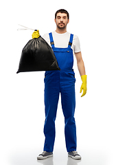 Image showing male worker or cleaner with garbage bag