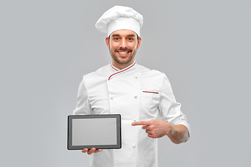 Image showing happy smiling male chef showing tablet pc computer