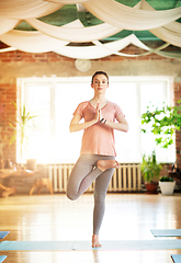 Image showing young woman doing yoga tree pose at studio