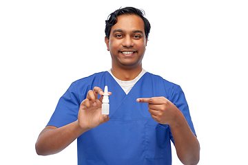 Image showing smiling indian male doctor or nurse with medicine