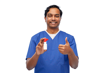 Image showing smiling indian male doctor or nurse with medicine