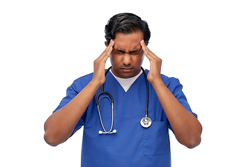 Image showing stressed doctor or male nurse having headache