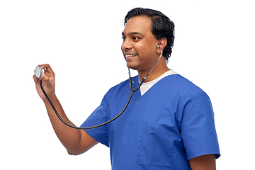 Image showing happy indian male doctor or nurse with stethoscope